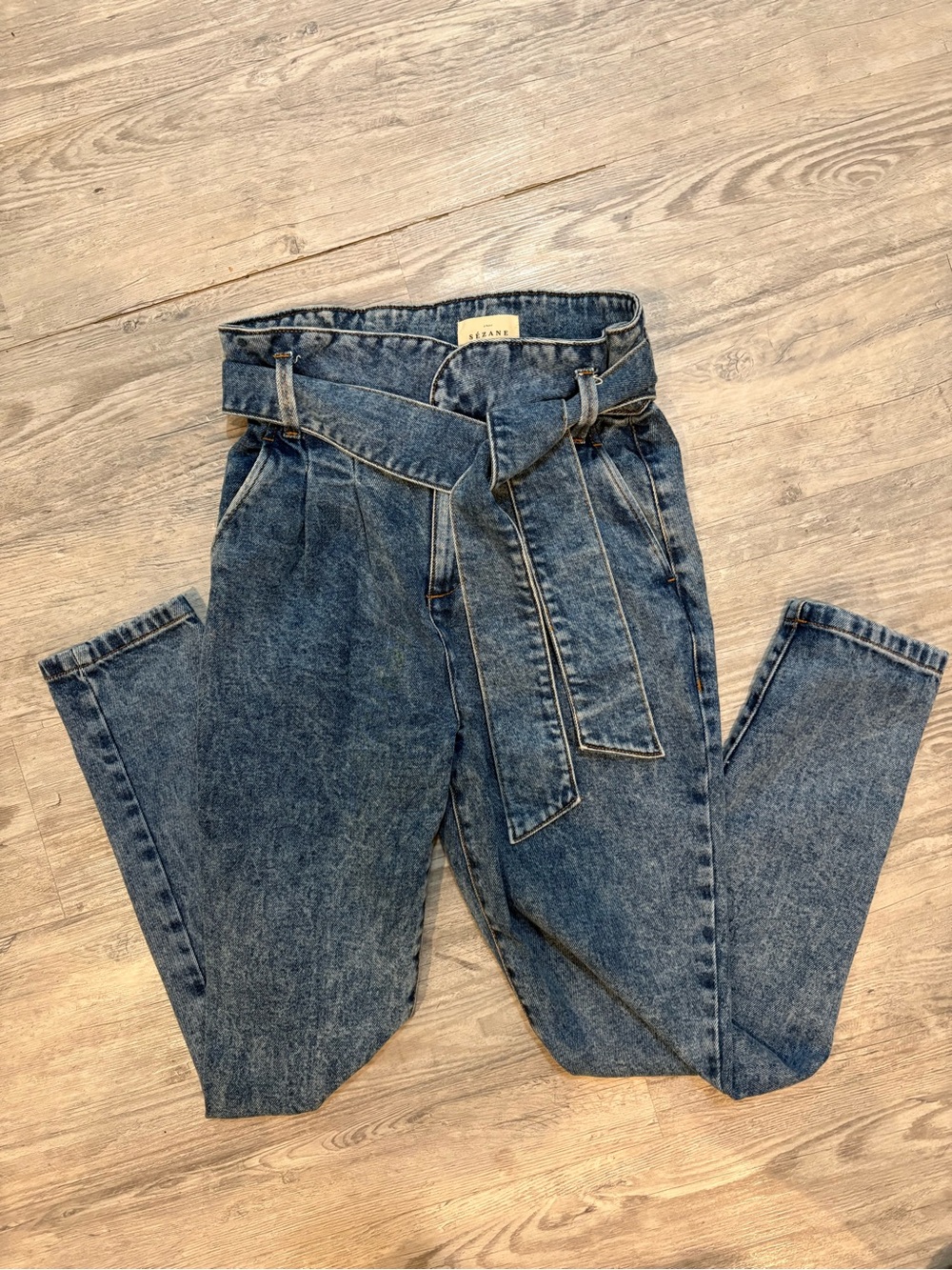Sezane High-Rise Paperbag Jeans with Self-Tie Belt - Denim Blue